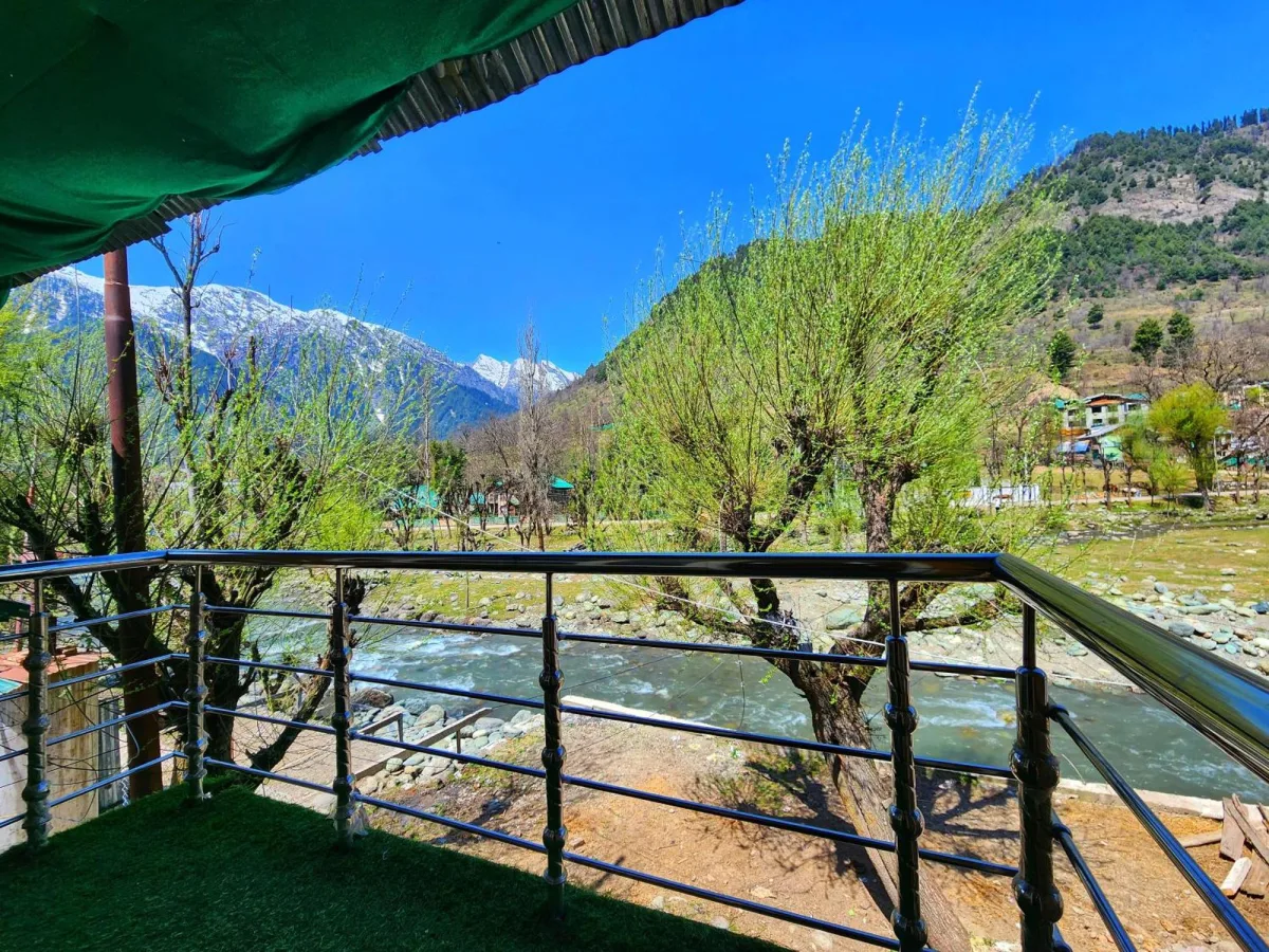 Balcony at Hotel Seven Pahalgam looking over the Lidder River and mountains