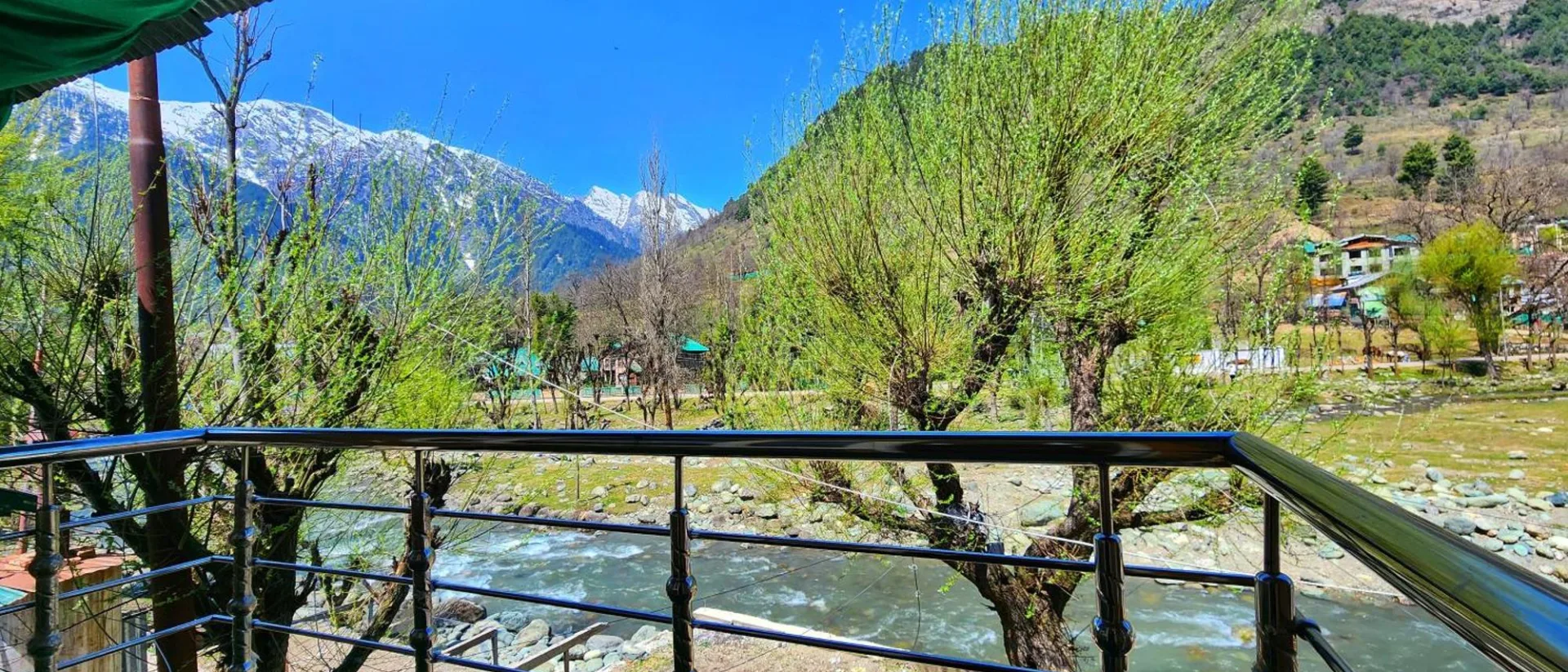 Balcony at Hotel Seven Pahalgam looking over the Lidder River and mountains